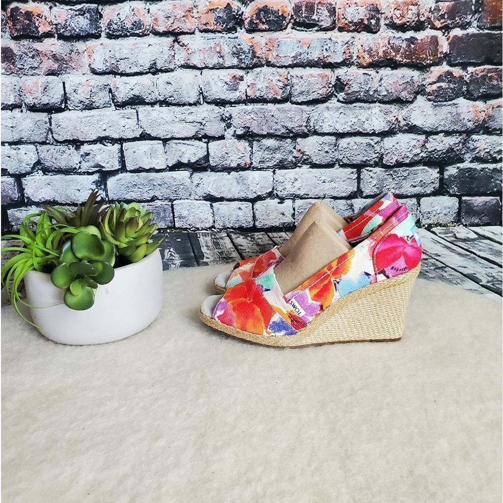 Toms Bright Floral Canvas Wedge Heel Shoes